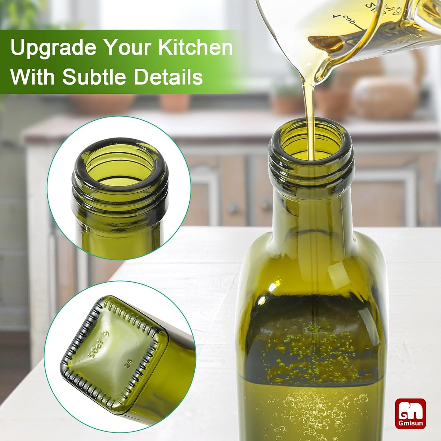 GMISUN Olive Oil Dispenser Bottle 2 Pack, Olive Oil Dispenser for Kitchen 17oz, Glass Cooking Soy Sauce Bottle Container Cruet with Plastic Pourer Spout, Green