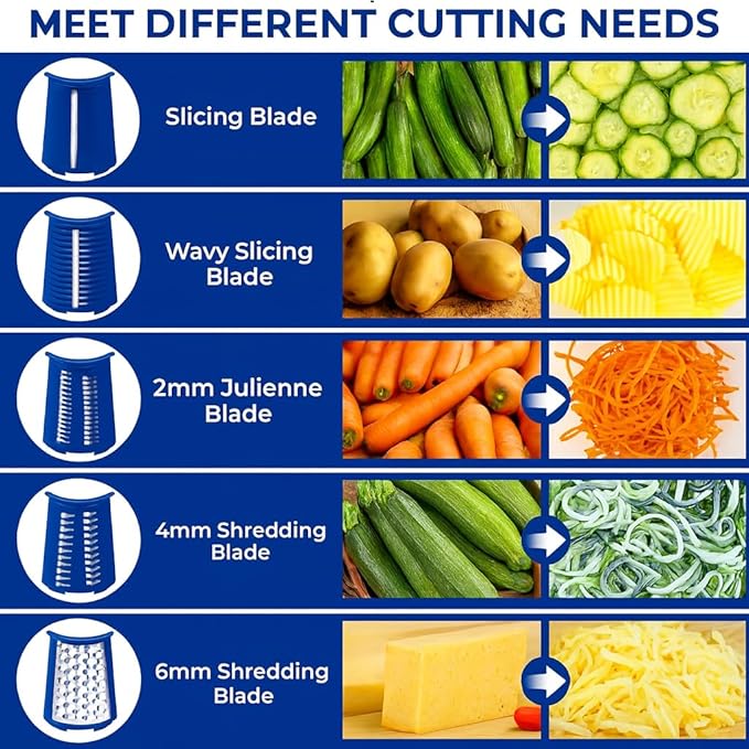 Rotary Cheese Grater with Handle, Cheese Shredder Hand Crank with Suction Base & 5 Interchangeable Blades, Multi-Functional Food Chopper for Vegetables, Nuts & Chocolate - Easy to Use & Clean