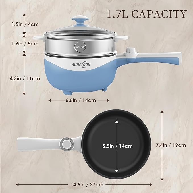 Audecook Hot Pot Electric, 1.7L Mini Electric Skillet Portable Nonstick Sauté Pan with Power Adjustment, Ramen Cooker Travel Multicooker for Steak/Soup/Egg/Oatmeal/Noodles