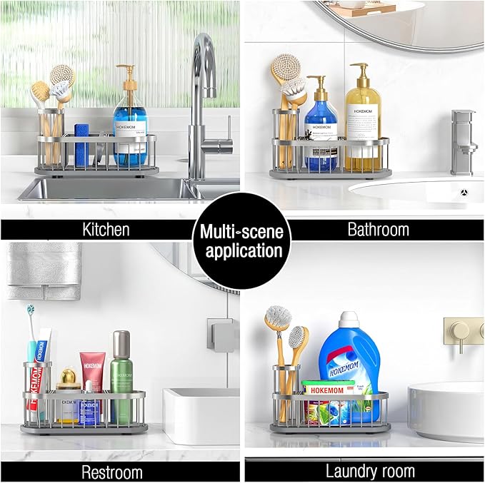 Sponge Holder for Kitchen Sink with High Brush Holder, [Stay-Dry Anywhere & No Drainage Needed] Rustproof Stainless Steel Kitchen Sink Caddy Organizer with Water Absorbing Stone Tray, Silver