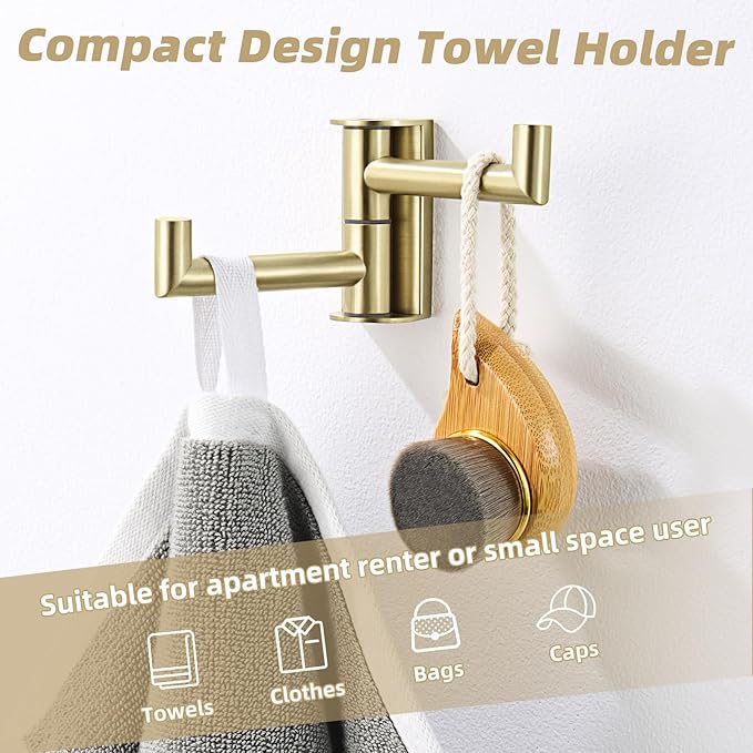 APLusee Brushed Gold Double Swivel Towel Hook, 304 Stainless Steel Foldable Towel Hanger, Space-Saving Wall Hook for Bathroom Kitchen RV