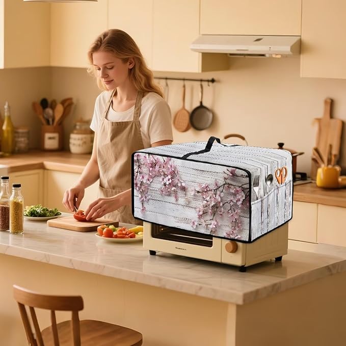 Air Fryer Toaster Oven Dust Cover Countertop Microwave Dust Cover Protector, Compatible with Convection Oven, L, 18.5 x 22.5 x 13 inches, Peach Blossom White Wood Grain