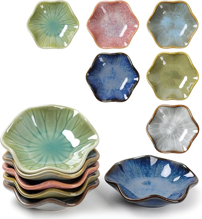 Dipping Bowls Set of 6, Ceramic Soy Sauce Dishes, 2 oz Dipping Sauce Cups, chrysanthemum Round Small Side Dish Dishes for Dipping Sushi Tomato Soy Sauce Dish Condiment Finger Bowls