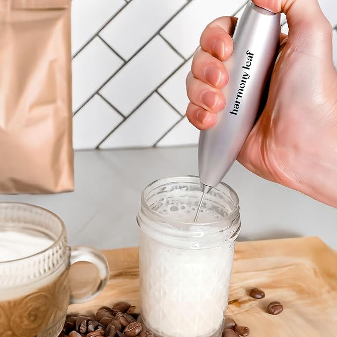 Harmony Leaf Handheld Milk Frother, Stainless Steel Electric Drink Mixer with Stand, Battery Operated Coffee Frother for Lattes, Matcha, Hot Chocolate and More, Silver