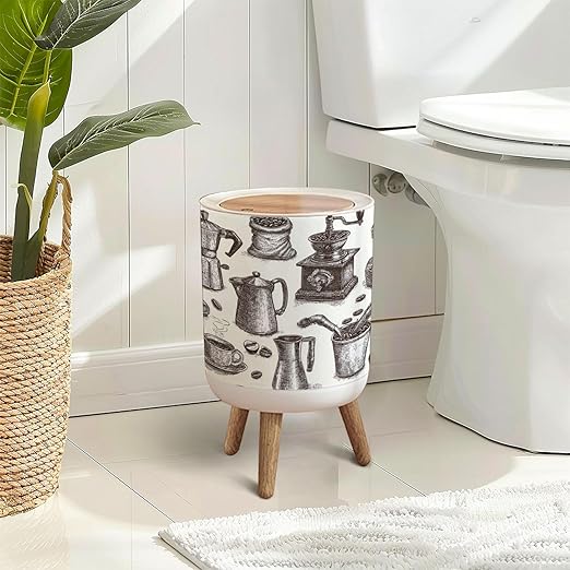 Trash Can with Lid Vintage Coffee Brewing Utensils Hand Drawn Style Press Top Round Small Garbage Bin with Wooden Legs Waste Basket for Kitchen Bedroom Nursery 7L/1.8 Gallon