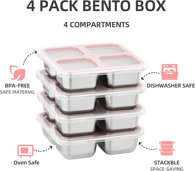BEFOY 4 Pack Stainless Steel Snack Containers with Lids 4 Compartment Food Storage Containers for Adults Meal Prep Reusable for work or going out.(pink, 4)