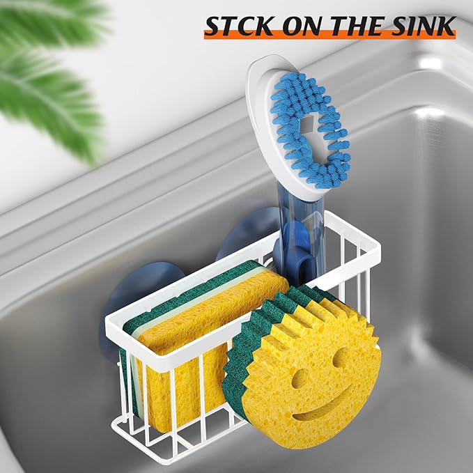 Sponge Holder Smiley Face,Sink Caddy,Kitchen Organizer with 2 Suction Cups/1 Adhesive Strips,Designed for Sponge,Soap,Dish Brush,Scrubber - White