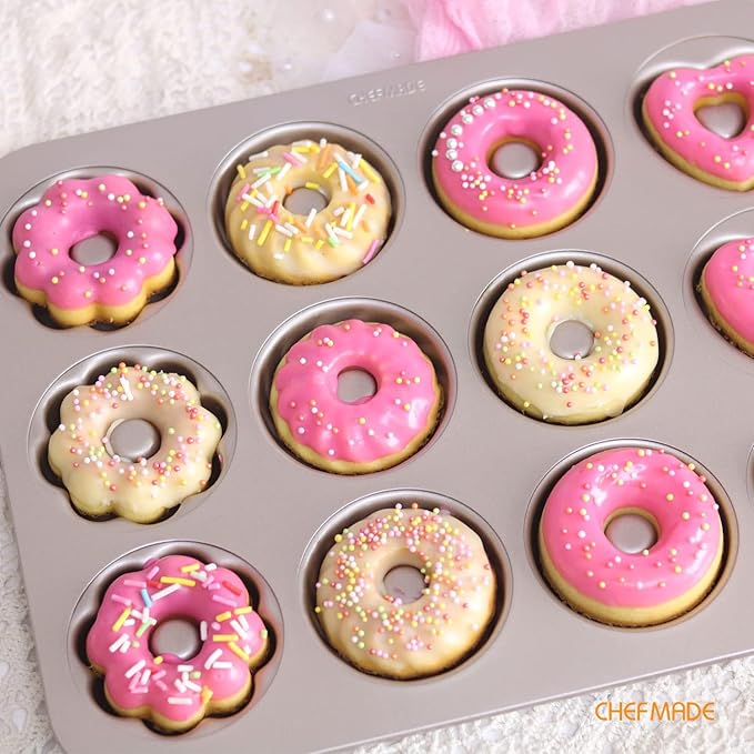 CHEFMADE Donut Mold Cake Pan, 12-Cavity Non-Stick Pattern Doughnut Bakeware for Oven Baking (Champagne Gold)