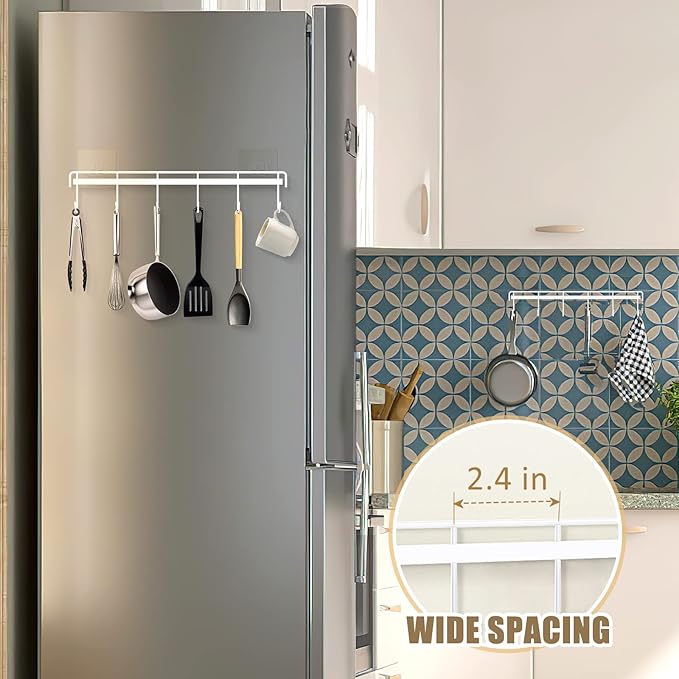 Kitchen Utensil Hanger, Adhesive Utensil Holder Wall Mount Kitchen Rack Rail with 12 Hooks, Space Saving and No Drilling, White, 2 Pcs