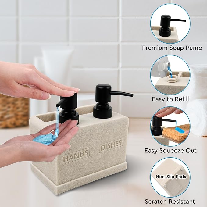 Hand and Dish Soap Dispenser Set for Kitchen Sink,Dual Soap Dispenser with Sponge Caddy and Brush Holder 4-in-1 Countertop Organizer for Kitchen Bathroom,Useful Kitchen Gadgets-Beige