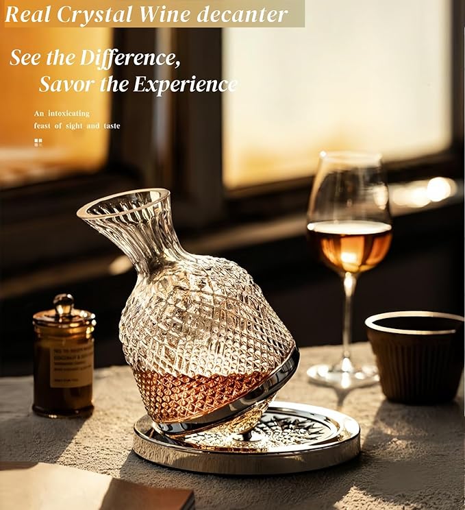 Wine Decanter Set - Spinning Crystal Red Wine Decanter Golden, 1.5L Luxury Wine Aerator Carafes Glass, Jarler Hand Blown lead-free Decanter with Greeting Card, Art Wine Gift for Wine Lover