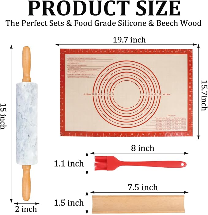 3Pcs Marble Rolling Pin Sets,15Inch Marble Pastry Dough Roller with Wooden Handle,Silicone Mat,Cradle and Brush, Non Stick Surface Rolling Pins for Dough Cookie Baking Supplies Kitchen Accessories
