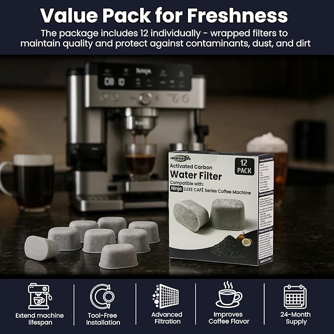 Water Filter Replacement for Keurig 2.0 & 1.0 Classic Coffee Makers, Breville Filters for Espresso Machine Use, Compatible with Ninja Luxe Cafe Accessories, 12 Pack Premium Charcoal Water Filters
