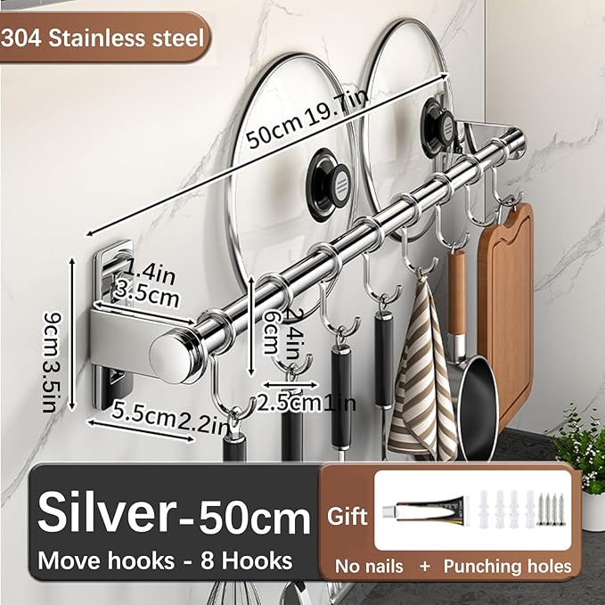 Hanging Wall Mount knife Wall Mount, Kitchen Organizer Storage Shelf for Utensils Spatula Spoon, Space-Saving Knife Rack with Hooks,Wall-Mounted Utensil Holder (Silver, 50CM+Single Pole+8Hooks)