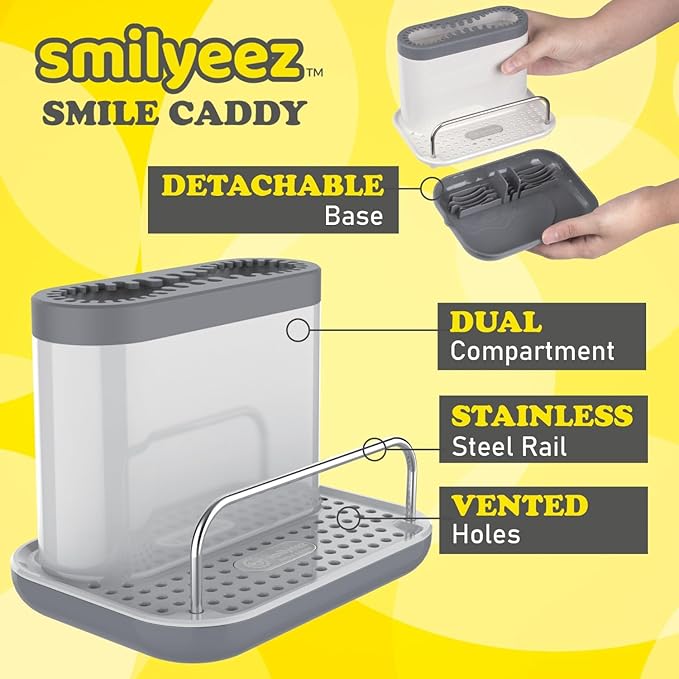 Smilyeez Caddy Combo, Sink Caddy, Smiling Handle, 2 Scrub Moji Sponges, Dishwand with 2 Mini Moji Sponges (White/Grey Wands)