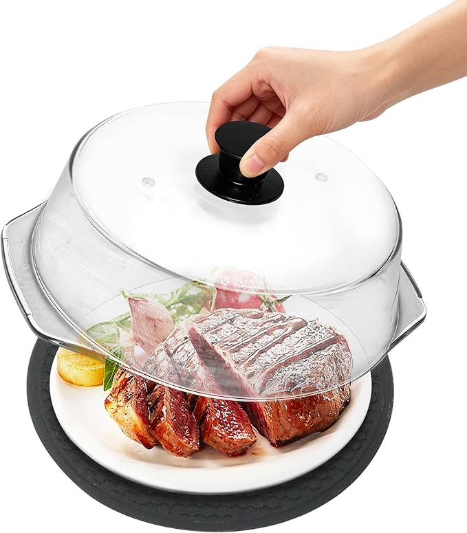 Tall Glass Microwave Splatter Cover for Food & Microwave Place Mat,2 in 1,Sturdy clear 100% food safe BPA free glass lid with easy grip silicone handle，Dishwasher safe for easy cleaning