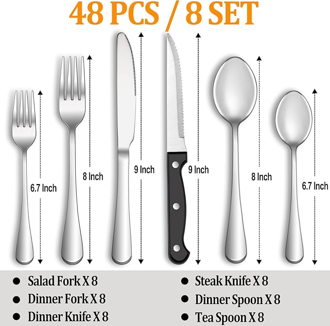 48 Pcs Silverware Set with Steak Knives Service for 8,Stainless Steel Flatware Set,Mirror Polished Cutlery Utensil Set,Home Kitchen Eating Tableware Set,Include Fork Knife Spoon Set,Dishwasher Safe