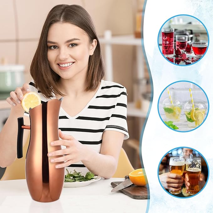 Funnymoom 2 Pcs 2 L Stainless Steel Water Pitchers with Lid Removal Ice Guard Handle Modern Metal Water Pitcher Hot Cold Drink Serving Tool for Restaurants Home Bar Christmas Party(Rose Gold)