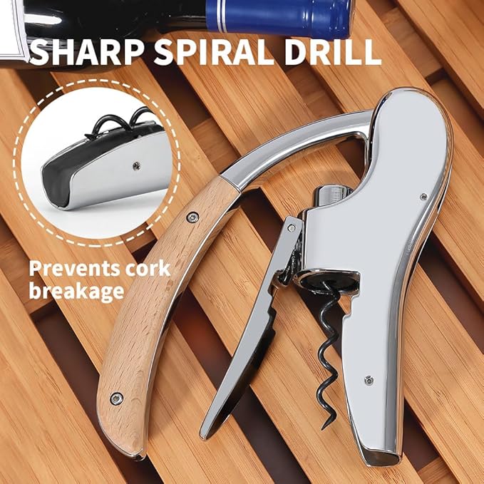 Rabbit Wine Opener, Lever Style Wine Bottle Opener with Wooden Handle, Professional Stainless Steel Corkscrew with Foil Cutter, Wine Gift Set