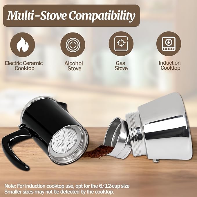 12 Cup Thickened Moka Pot 304 Stainless Steel 600ml Italian Espresso Coffee Maker Stovetop CoffeeMakers Mocha Pot Percolator for Induction Stove Classic Cafe Makers Portable for Easy Brewing