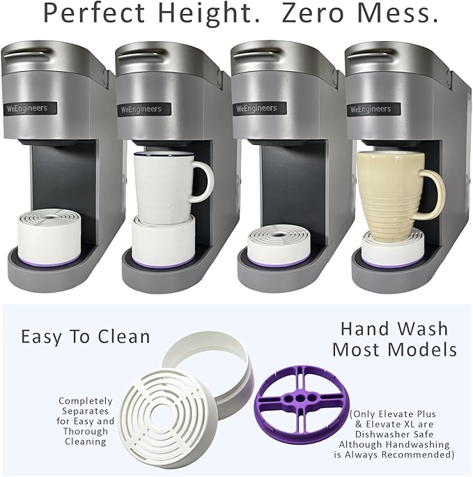 Elevate Anti-Splash Cup Riser Accessory for most Keurig K-cup, Cuisinart Single Serve, and other Coffee Makers, Adjustable for Cup Size and Drip Tray Type (White with Lilac Base)
