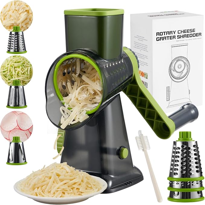 Rotary Cheese Grater hand crank, 3 Blades Cheese shredder with Stronger Suction Base | Stainless Steel Blades for Fruits, Vegetables, Nuts. Easy to Clean, Transparent Black & Green