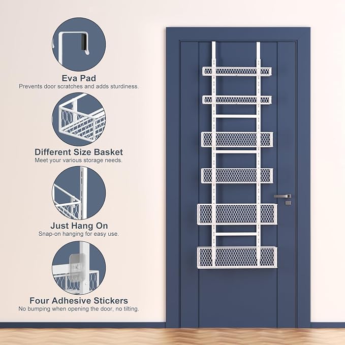 Bunoxea 6-Tier Over The Door Pantry Organizer,Hanging Spice Rack with Adjustable Basket,Over Door Racks,Pantry Organization And Storage, Laundry Room,Bathroom,Large Capacity,D5.3xW15.7xH60.9in