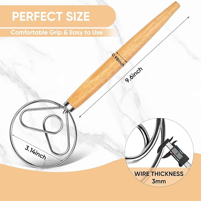 Maxjoy Danish Dough Whisk Stainless Steel with Wooden Handle, Dutch Whisk Dough Hook for Sourdough Bread Baking Mixing Tool
