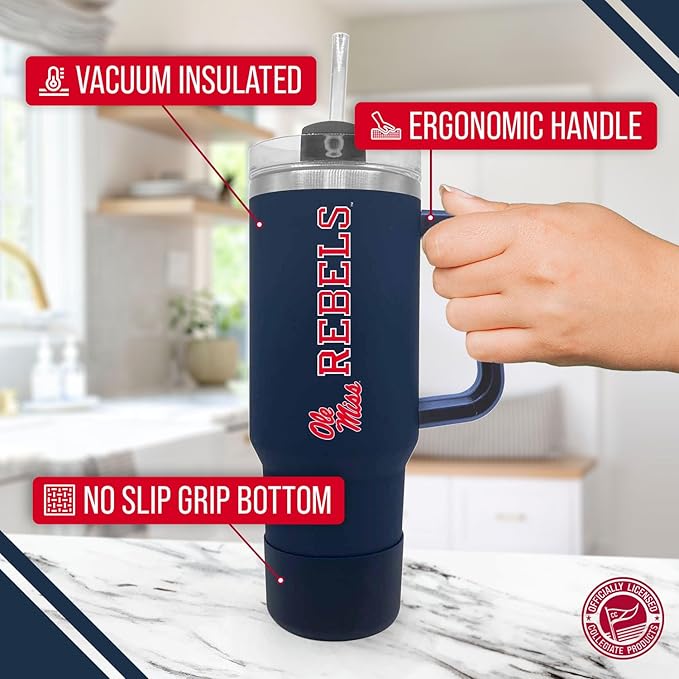 Campus Colors College & University 40 oz Travel Tumbler With Handle - Dual Option Lid With Straw - Vacuum Insulated Stainless Steel (Ole Miss Rebels - Navy)