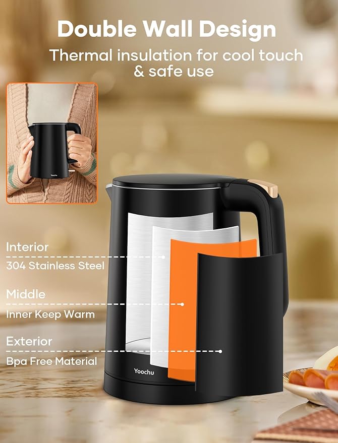 Small Electric Kettle, 0.8L Water Boiler & Heater, 1000W Hot Tea Pot, Double Wall Stainless Steel Cool Touch, Mini Coffee Kettle with Auto Shut Off & Boil Dry Protection, BPA-Free, Black Gold