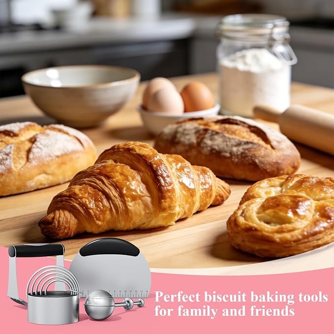Biscuit Cutter Set, Stainless Steel Flour Sifter, Pastry Cutter, Pastry Scraper and Dough Blender, Flour Sieve for Quick Sifting Cakes and Spices, Professional Baking Dough Tools (4 Set)