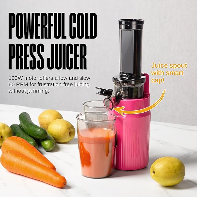 Ventray Ginnie Mini Cold Press Juicer, Small Slow Masticating Juicer for Vegetables and Fruits, High Juice Yield, Easy to Clean, Space-Saving, Fit for Personal/Travel/Picnic/Office - Pink