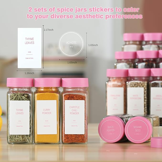 Pink Spice Jars with Label，4oz Seasoning Containers, Glass Spice Bottles with Shaker Lids,Funnel, Chalk Pen (Pink, 48)