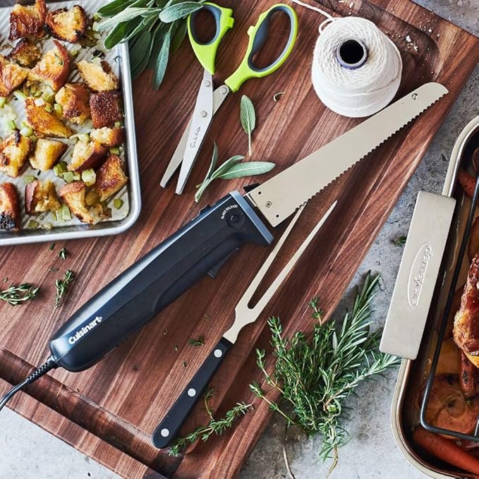 Cuisinart Electric Knife Set with Cutting Board, Electric Knife for Meat Slicing and Bread Slicing, Includes Bamboo Cutting Board for Kitchen and Serving Fork, CEK-41, Stainless Steel/Black