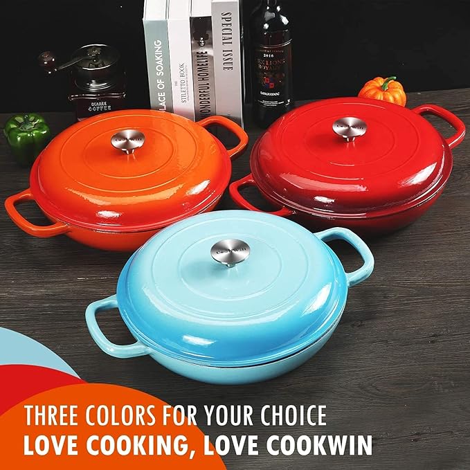 COOKWIN Cast Iron Casserole Braiser, 3.8 Quart Enameled Cast Iron Dutch Oven Pan with Lid, Heavy Duty and Dual Handles Skillet, Oven-Safe Porcelain Surface Casserole Dish, Red