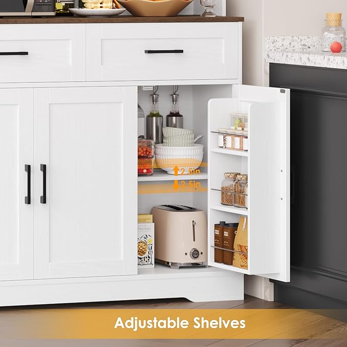 FACBOTALL Tall Kitchen Pantry Cabinet, Farmhouse Food Pantry Cabinet with Doors and Adjustable Shelves, Kitchen Hutch with Countertop and Microwave Stand for Dining Room, Living Room, White