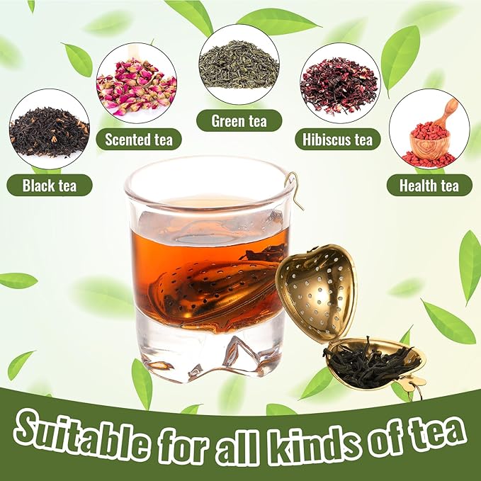 Sumind 50 Pcs Stainless Steel Tea Strainer Ball Infuser Loose Leaf Steeper Interval Diffuser Heart Shape Mesh Filters with Extended Chain Hook for tea party Seasonings Cup Bottle(Gold)