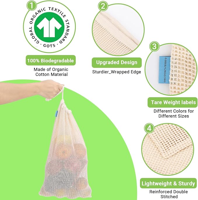 Pack of 3 Reusable Produce Bags Washable, 11x17 Inch Large Reusable Grocery Bags Heavy Duty Cotton Bag Produce Storage, Enhanced Closure Edge, Double Stitched, with Tare Weight