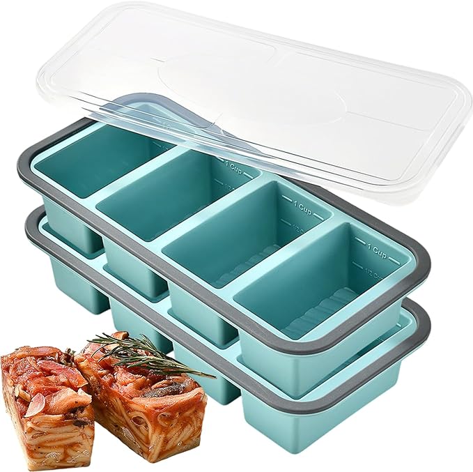 1/2 Cup Silicone Freezer Molds for Soup Ice Cubes, 4 Cavity Freezer Tray with Lid for Food, Homemade Large Ice Cube、Frozen Broth、Leftovers and Meal Prep - Set of 2