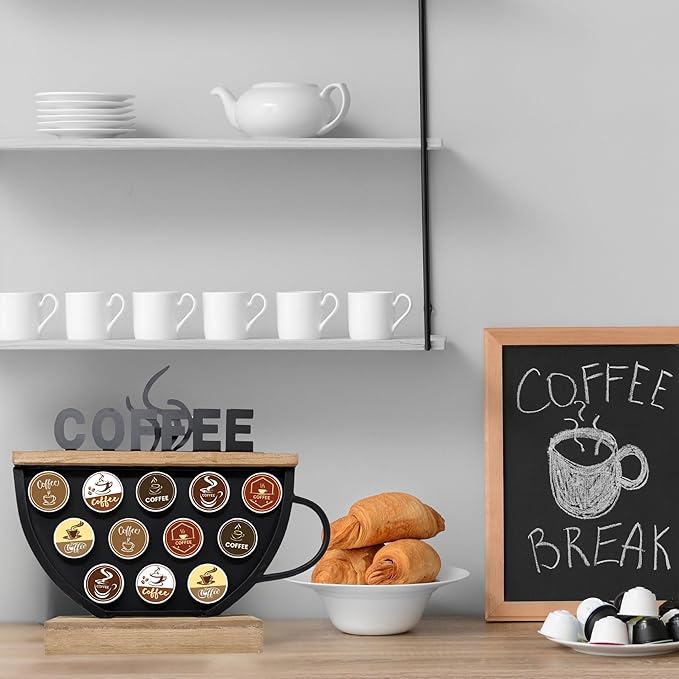 Black Coffee Pod Holder compatible with K-Cups – Metal & Wood Coffee Bar Functional Décor, Café Station Countertop Storage, Space-Saving Coffee Rack, Great Gift for Coffee Lovers, Home, Office, Café
