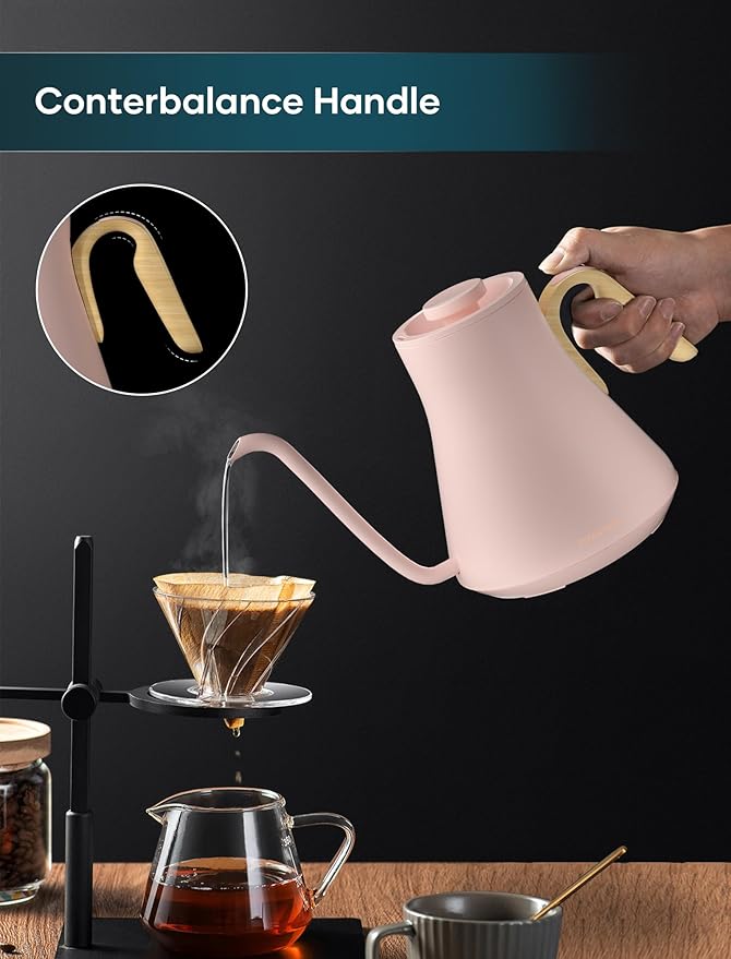 INTASTING Gooseneck Electric Kettle with ±1℉ Temperature Control for Pour Over Coffee & Tea, Quick Heating, BPA-Free Stainless Steel, Built-in Brew Timer, 1500W/0.9L (Munch Pink)