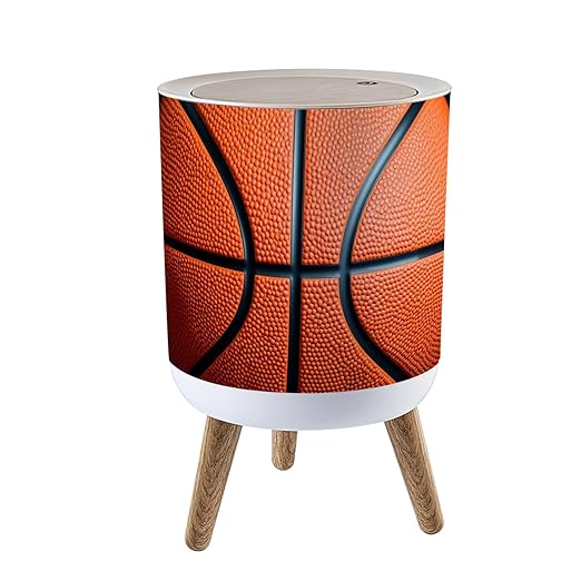 Trash Can with Lid Basketball Press Top Round Small Garbage Bin with Wooden Legs Waste Basket for Kitchen Bedroom Nursery 7L/1.8 Gallon