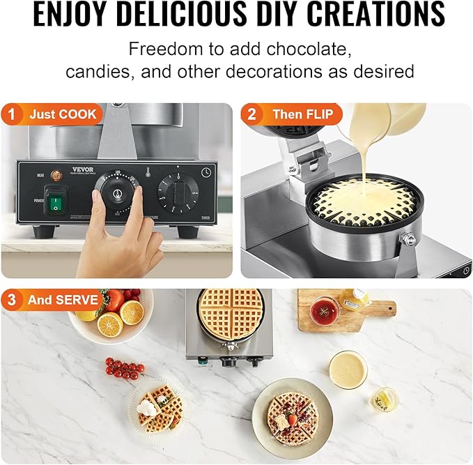 VEVOR Commercial Waffle Maker, 1230W Round Waffle Baker Machine, Non-Stick Stainless Steel Belgian Waffle Iron with Temperature and Time Control, Handle, for Restaurant Bakery Snack Bar Family