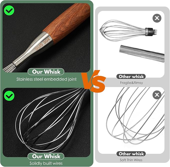 Stainless Steel Whisk for Cooking Wooden Handle Kitchen Non Stick Balloon Wire Metal Baking Whisk Egg Beater for Blending, Whisking Beating Stirring, 12inch (Wooden Handle)