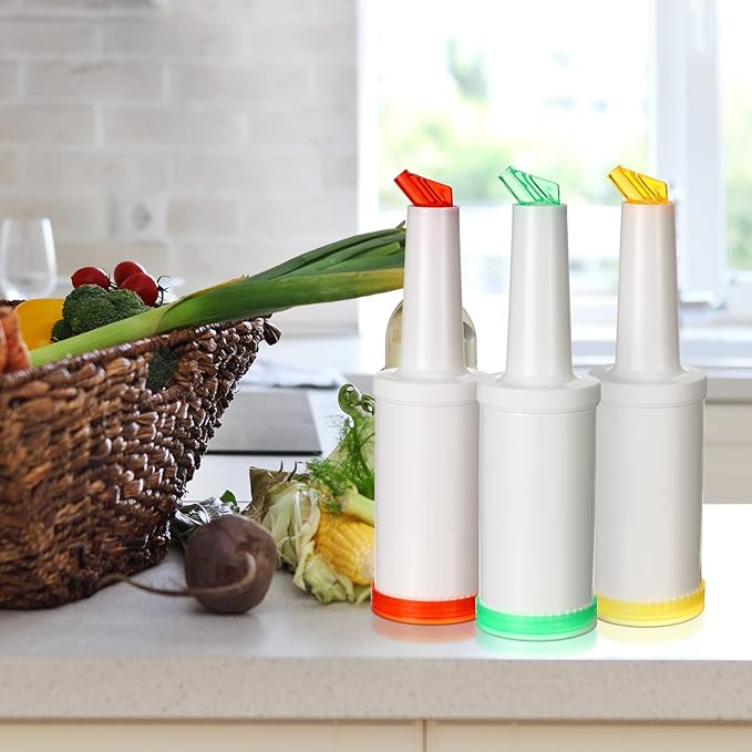 Chengu Fruit Juice Pour Bottles 34 oz Plastic Liquor Bar Supplies with Stainless Steel Bottle Pourer Tapered Spout for Cocktail Bartending Liquor Juice Store(Multi Colors,12 Pack)
