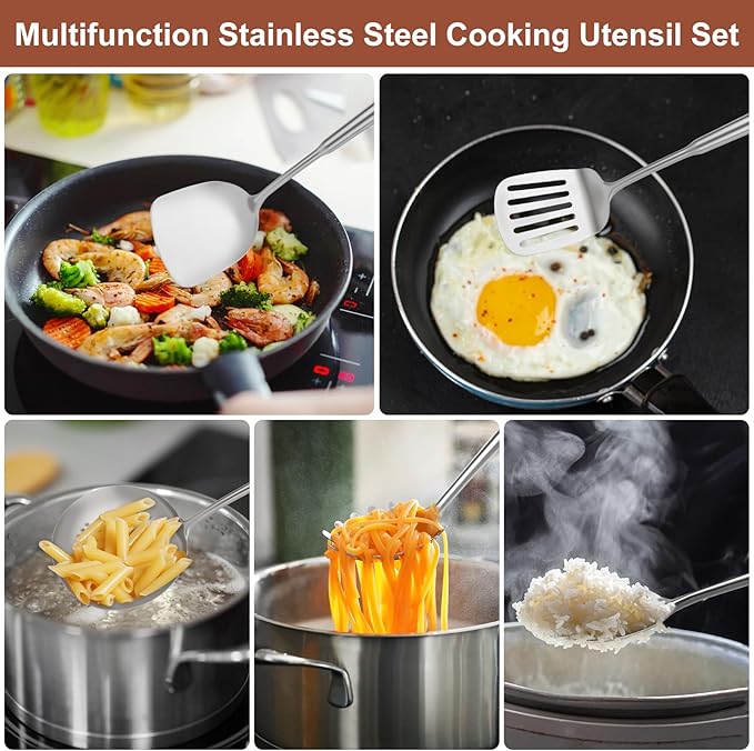 18/10 Stainless Steel Cooking Utensils Set, 10PCS Metal Kitchen Utensils Set for Wok,Kitchen Tools Set Come with Spoon, Fork, Spatula, Ladle, Skimmer, Turner, Pasta Server