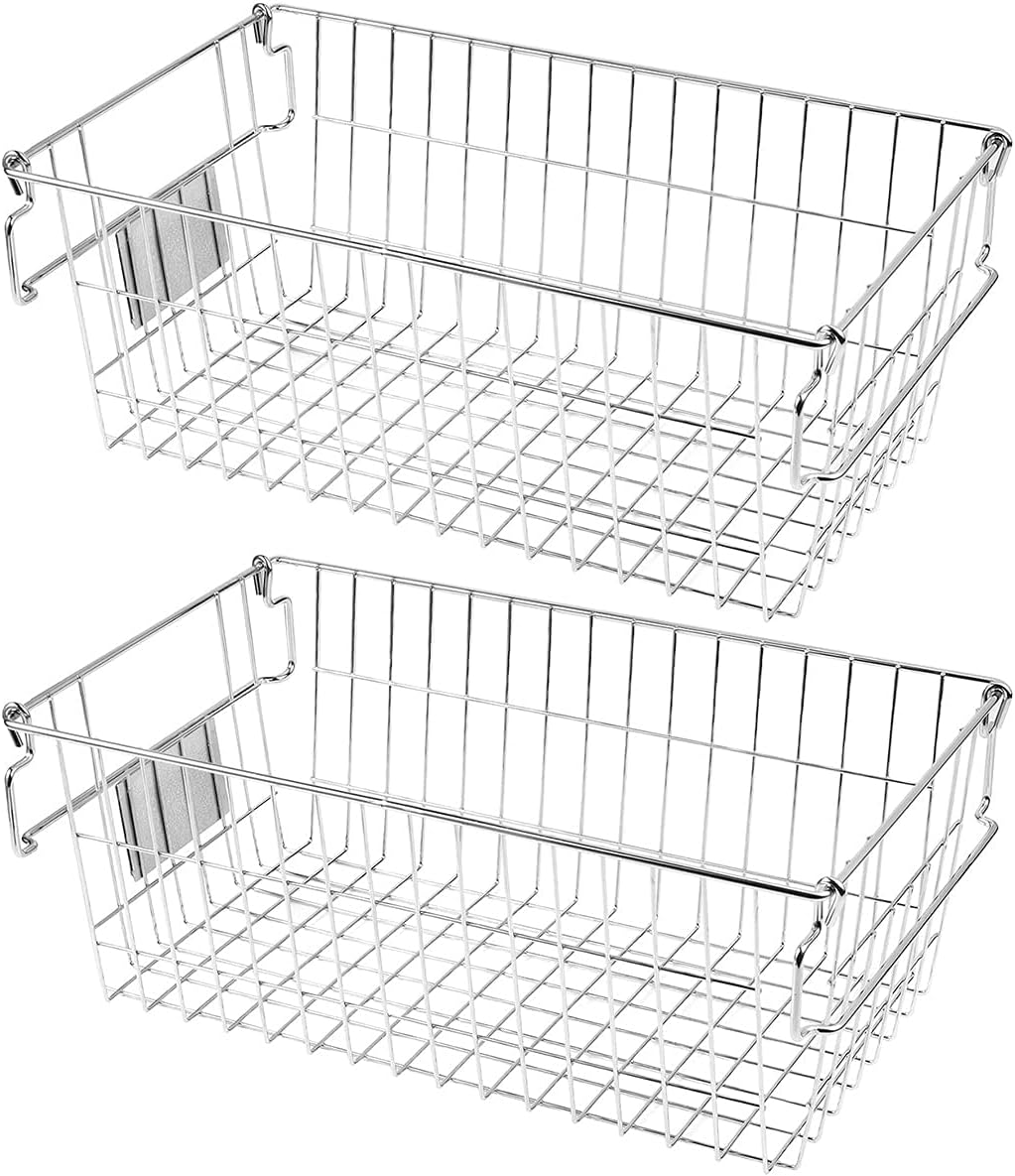 Orgneas Stackable Chest Freezer Baskets Organizer Bins, Metal Wire Baskets Pantry Organizer Produce Baskets with Tag Slot for Snacks Vegetables and Fruits