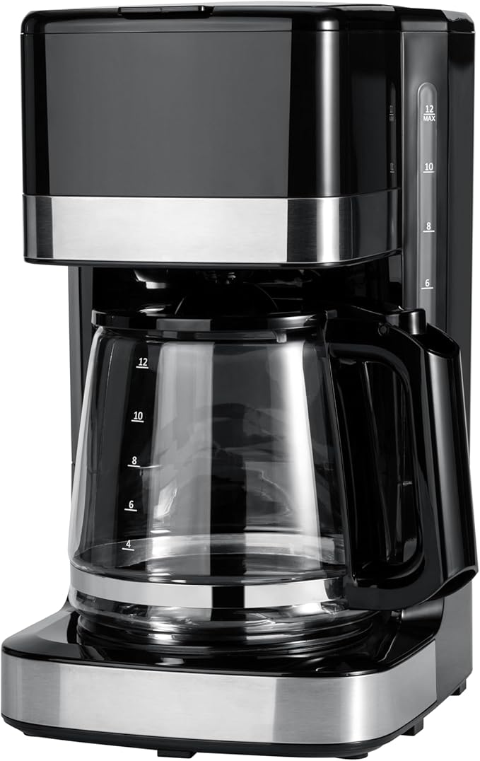 Amazon Basics 12 Cup Drip Coffee Maker with Glass Carafe (1.9 Qt), Auto Shut-off, Auto Pause, Removable Filter Basket, Black & Silver
