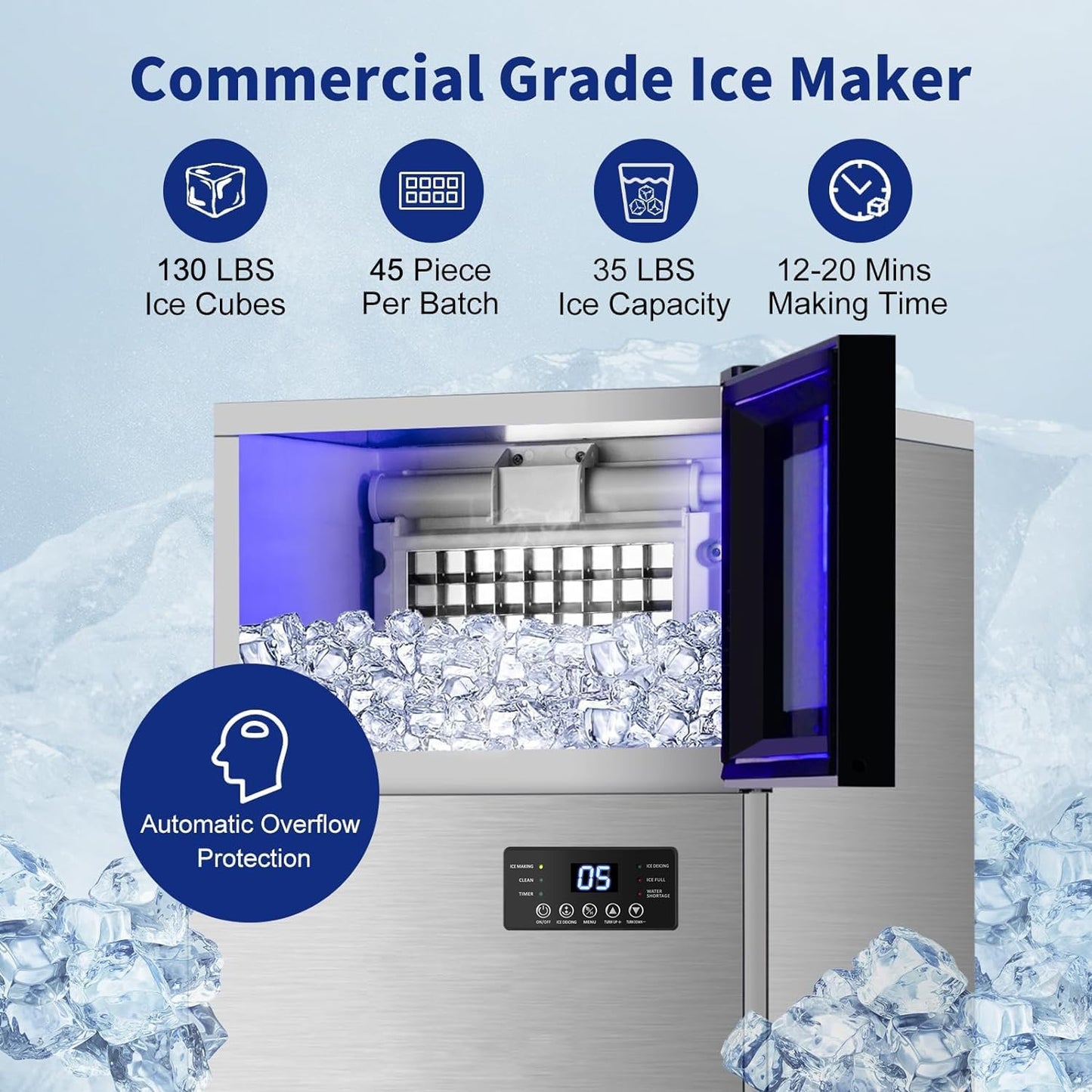 Commercail Ice Maker 130Lbs/24H with 35Lbs Ice Capacity,Upgraded 15" Wide Under Counter Ice Machine 45Pcs Ice Cubes,Commercial Ice Machine Self Clean Stainless Steel Built-in or Freestanding