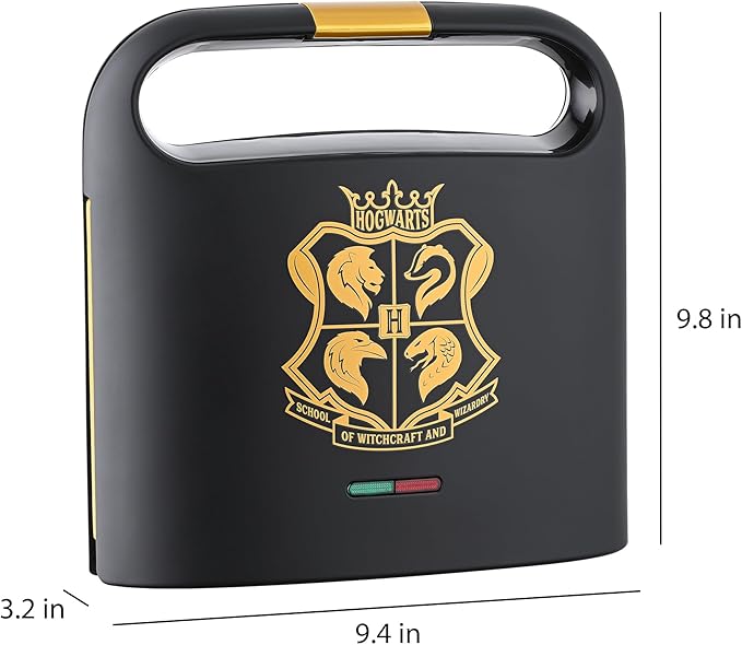 Warner Brothers Harry Potter Dual Sandwich Maker by Select Brands - Ceramic Coated Cooking Plates - Imprints Hogwarts Crest and Harry Potter Glasses on Toasted Sandwiches, Black and Gold, WBH-100SM